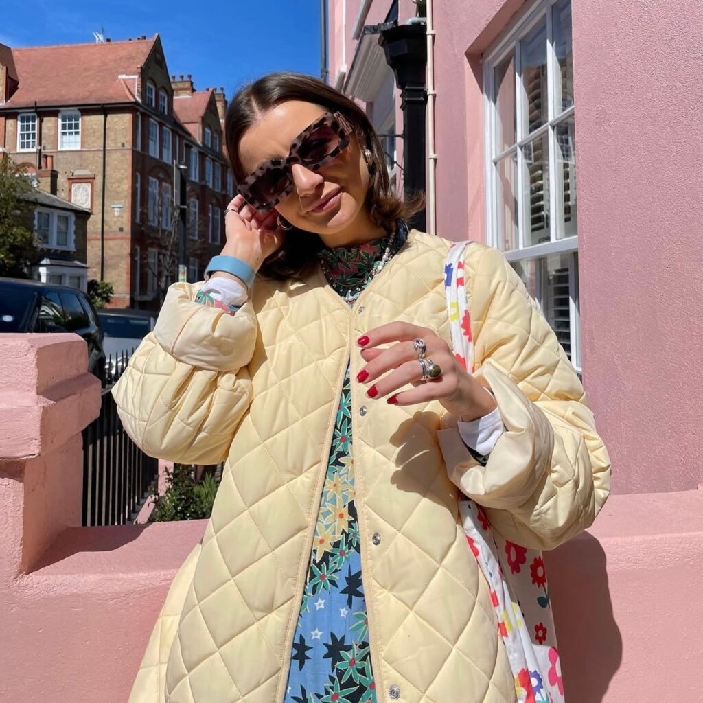 woman in pastel clothing
