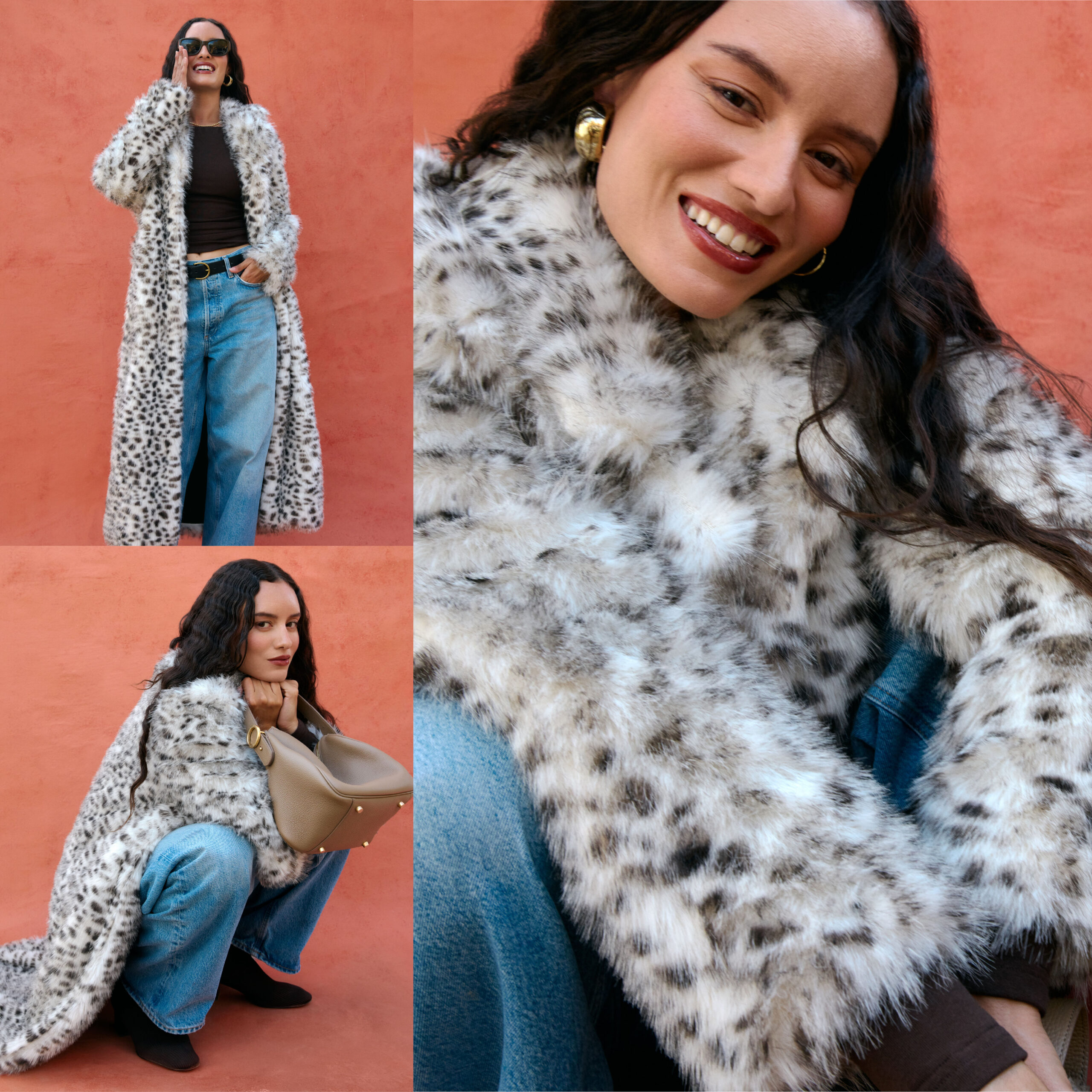 female model wearing a large white and spotted black fur coat, blue jeans with a brown belt and a brow long sleeve shirt.