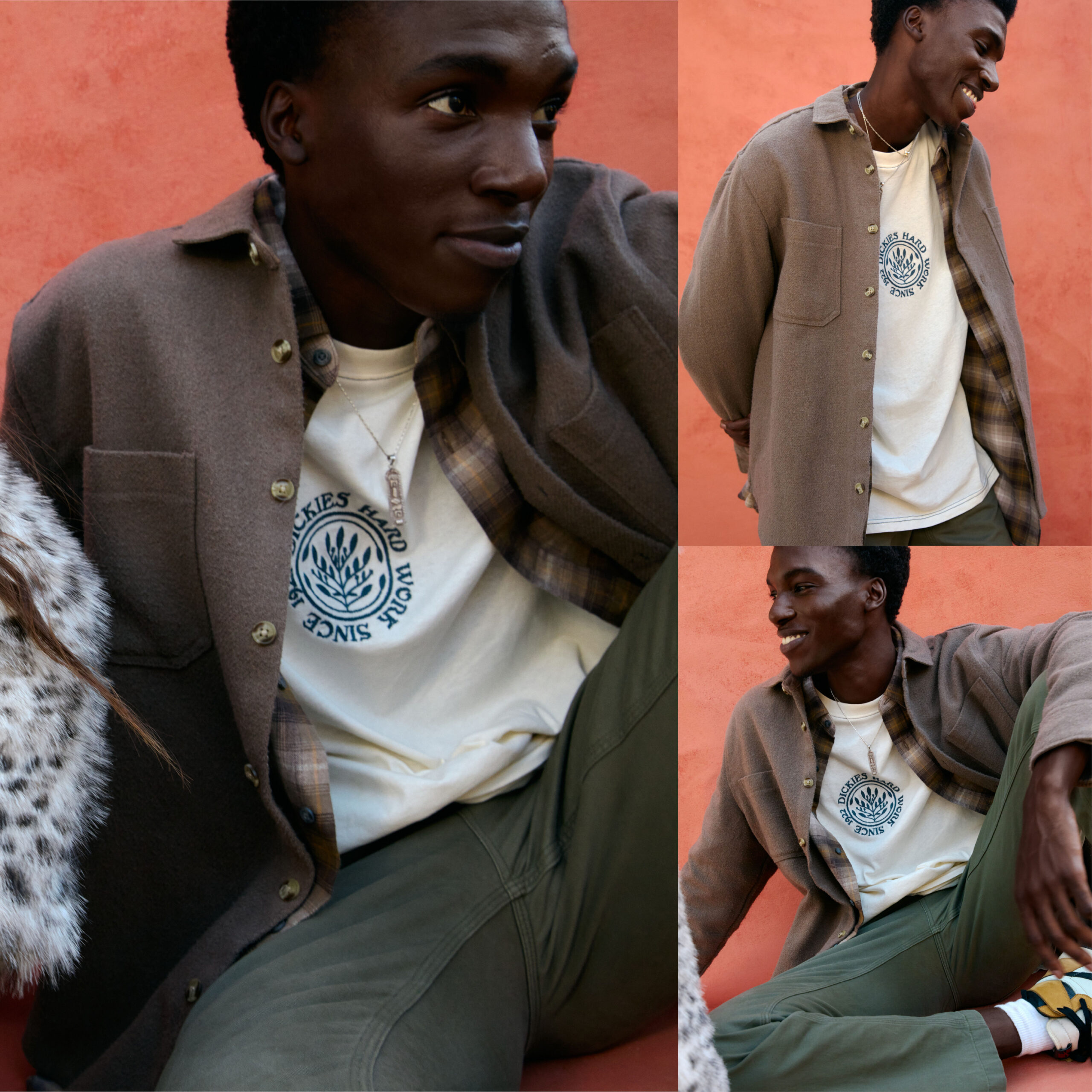 male model wearing winter fashions, brown shacket over a plaid button up and white tee shirt, green pants and yellow nike jordans