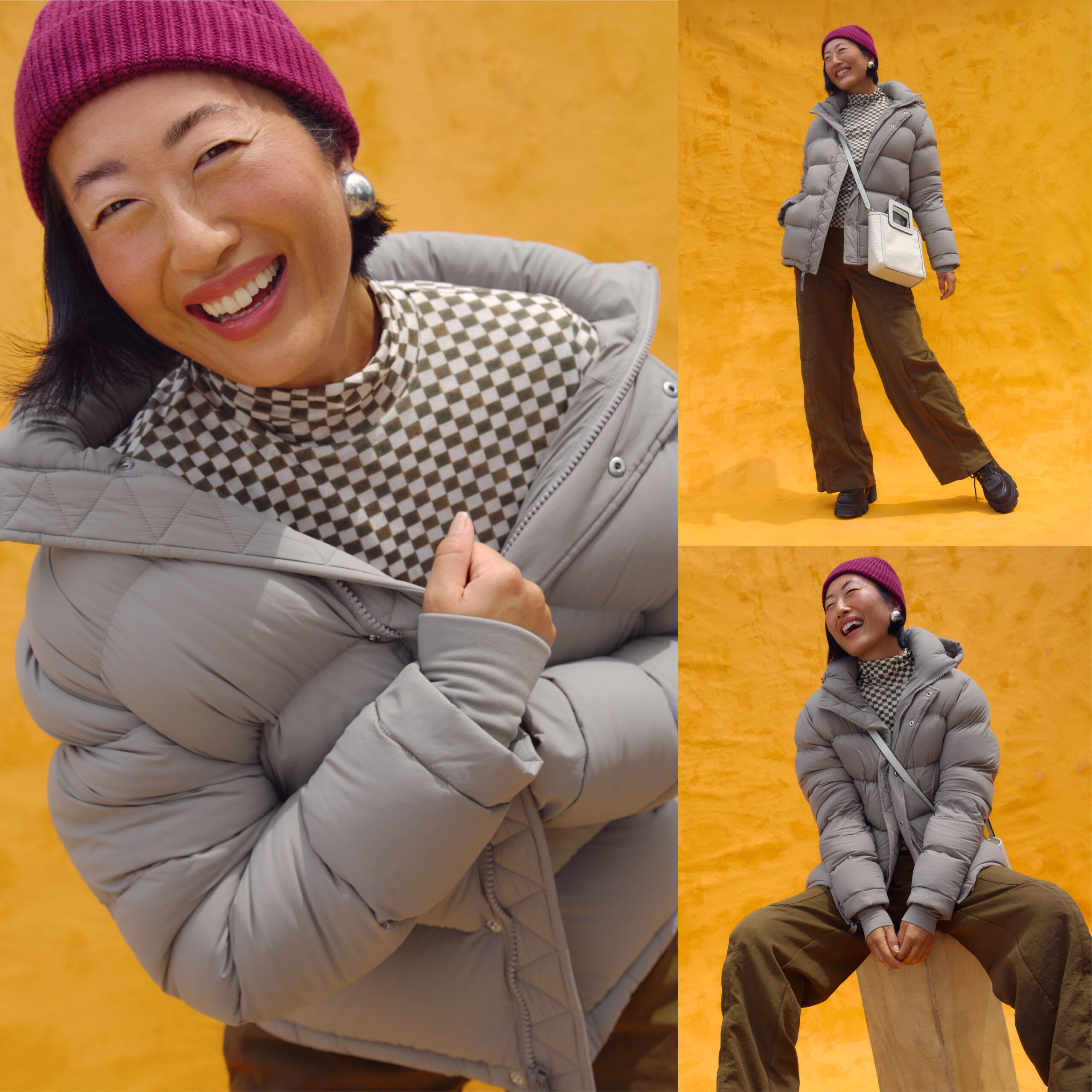 Female model is wearing a purple beanie, a checkered print longsleeve turtleneck, beige puffer jacket and green cargo pants