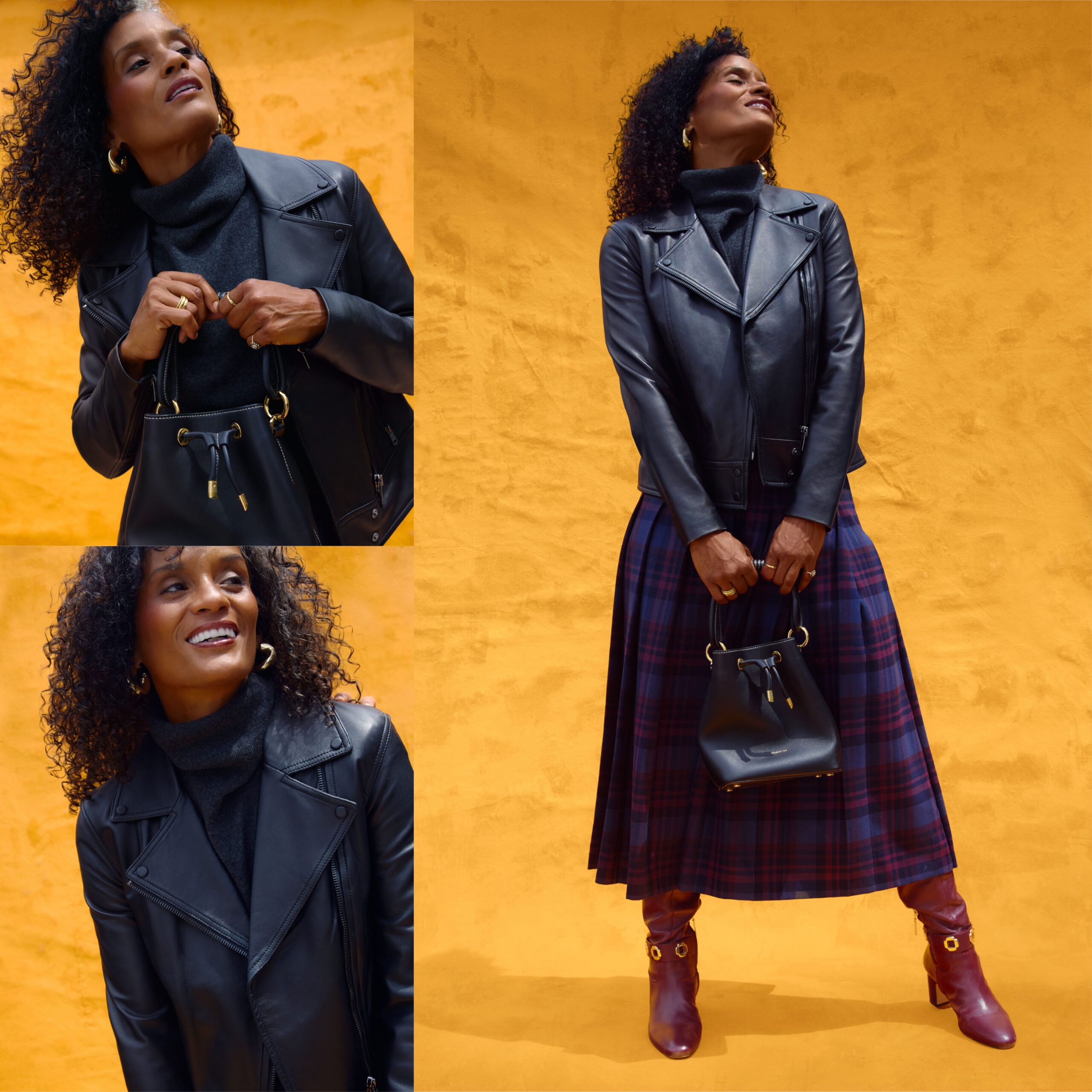 female model wearing a black leather moto jacket over a grey turtleneck, her skirt is a dark purple plaid print with pleats, on her feet she is wearing tall burgundy boots and she's carrying a black purse