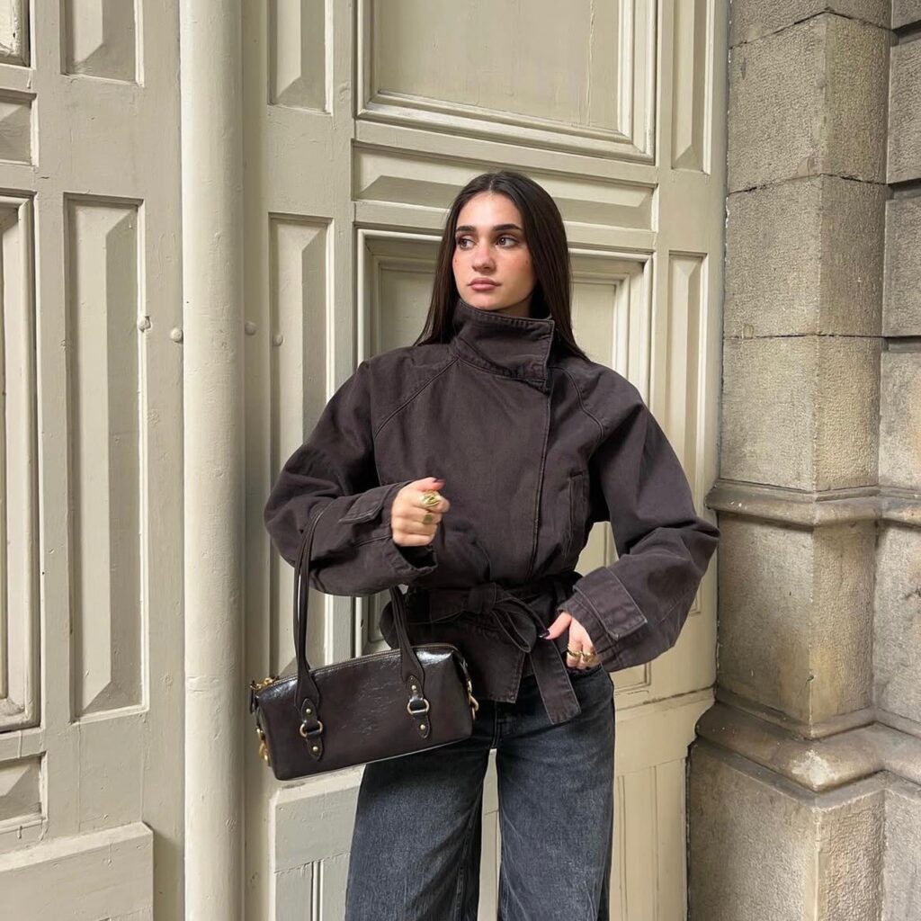 woman in brown cotton canvas jacket with tailored denim