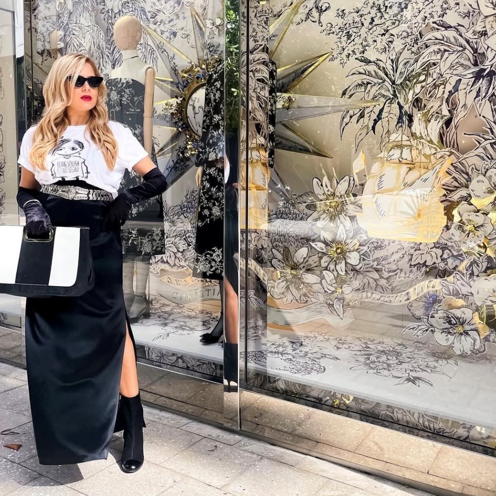 woman in long skirt and tee