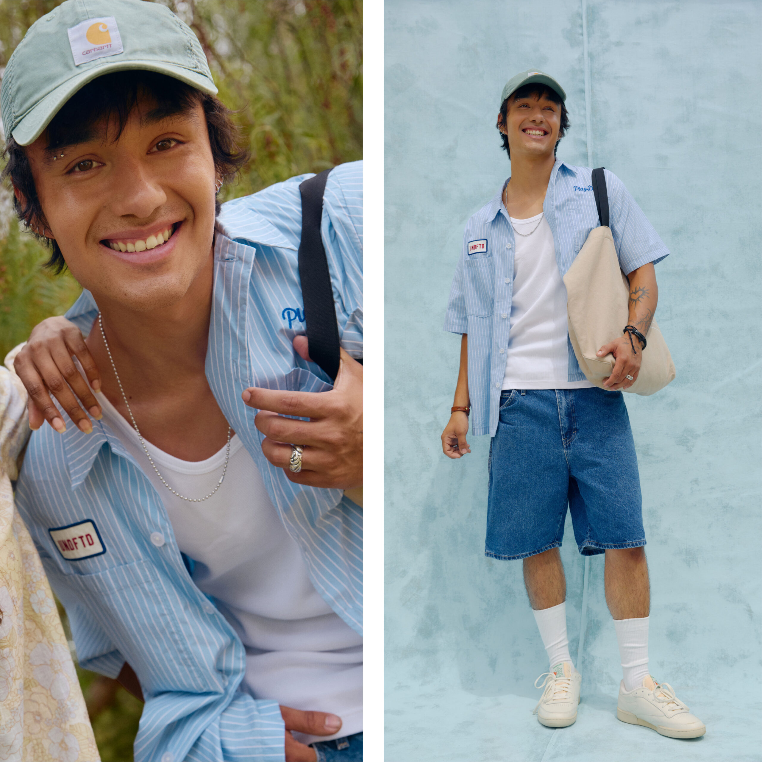 Gen X Model wearing a blue button up white tee and jorts