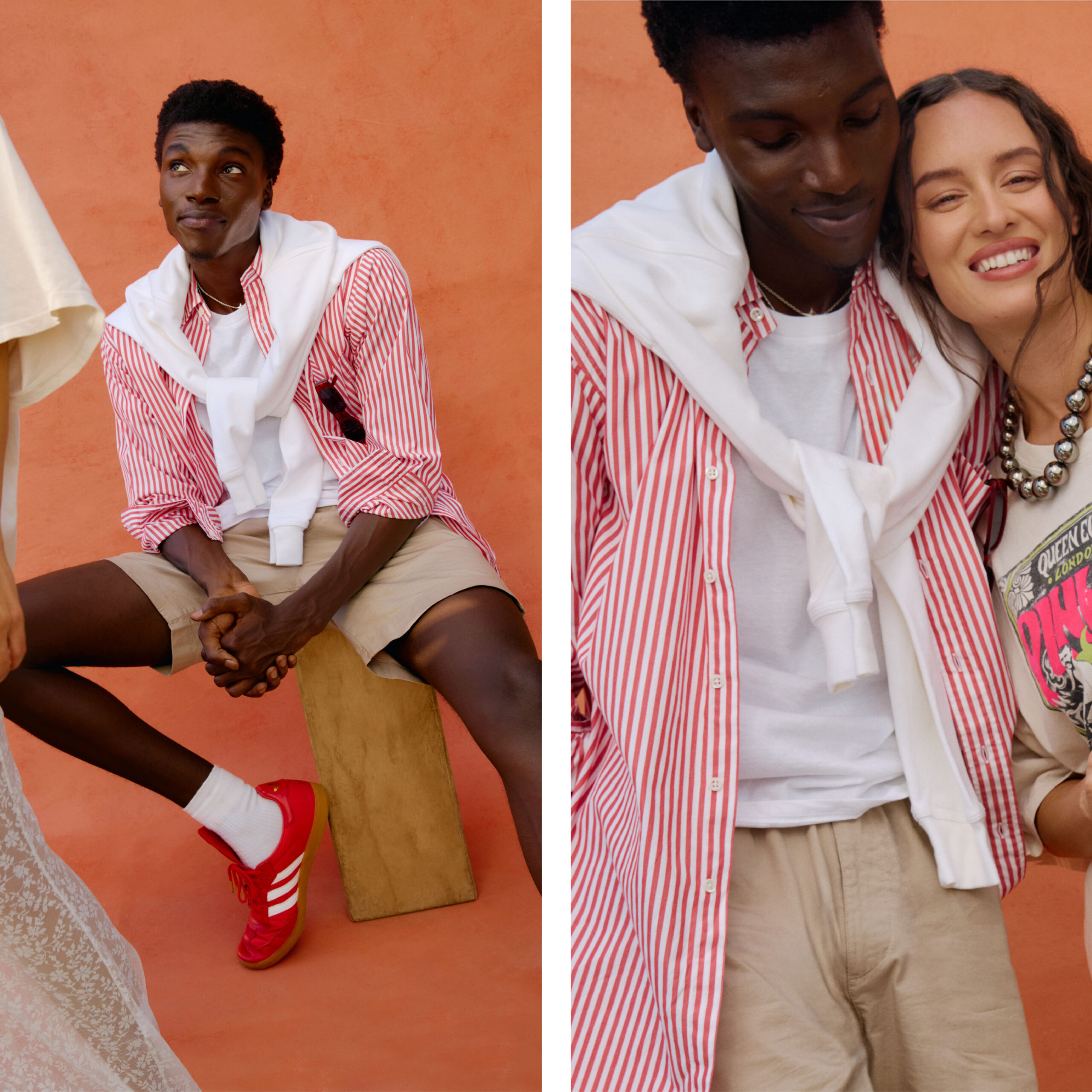 Chiek wearing a striped long sleeve beige shorts and red sneakers