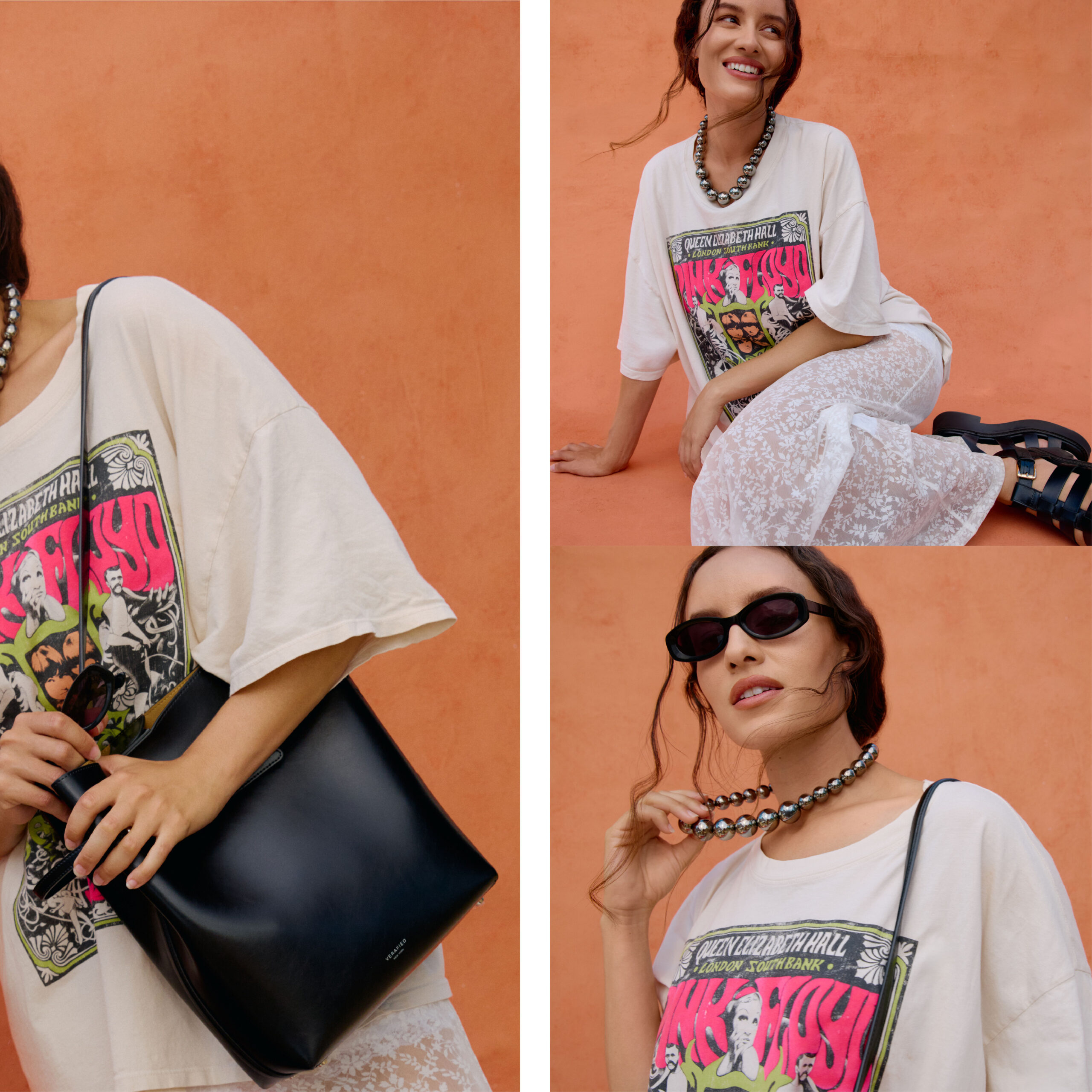 Jamie wearing white graphic tee white lace skirt and black bag