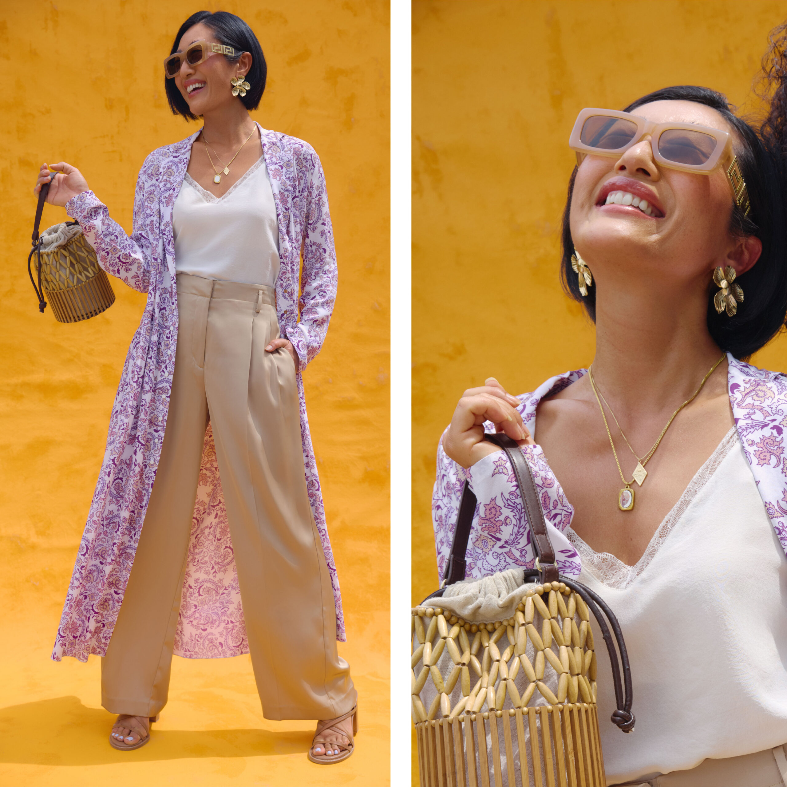 Bora floral long duster long beige pants and wicker bag