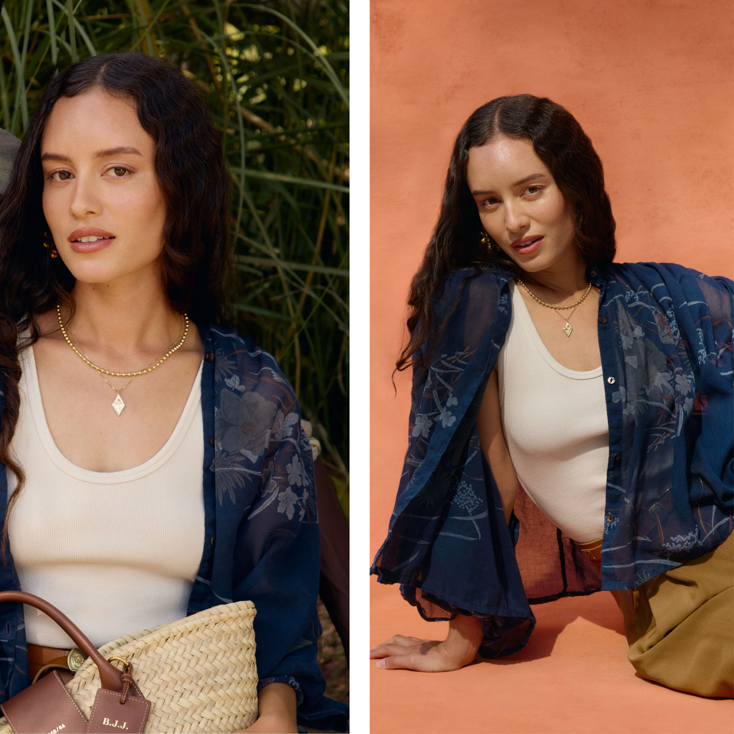 Jamie wearing navy button up over a white tank