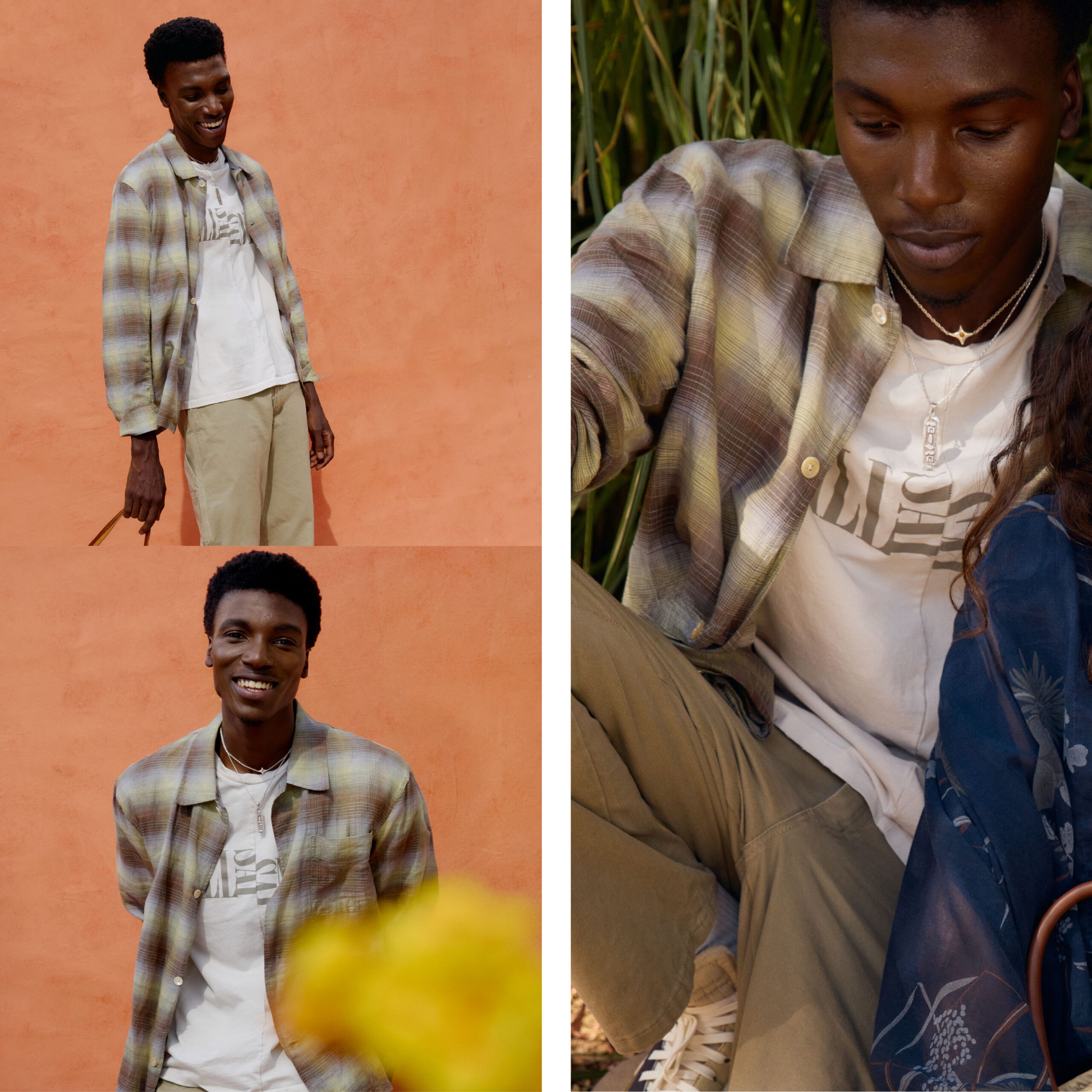 Chiek wearing a green plaid button up white tee and khakie pants