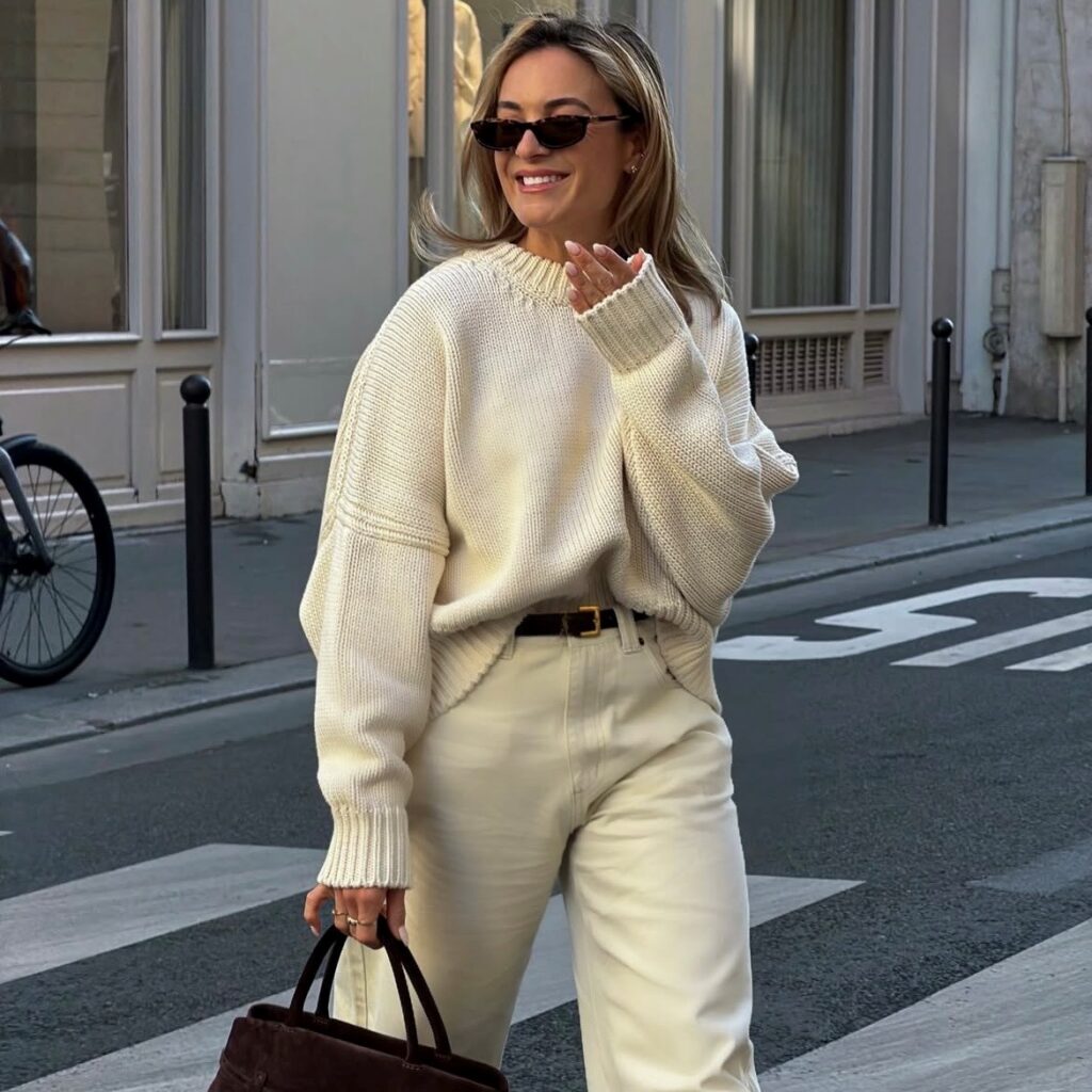 woman in off-white sweater and trousers