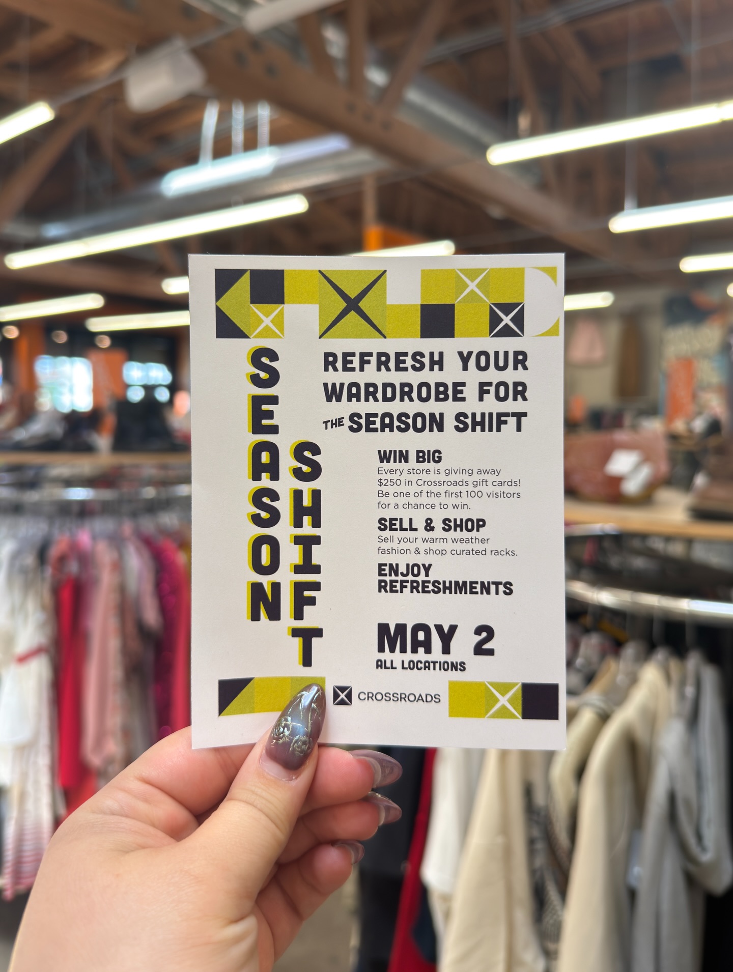 If you’ve been needing a closet refresh, Crossroads has the PERFECT event for you! ☀️👗

On May 2nd, visit any Crossroads location for their Season Shift event. Sell your warm-weather pieces and shop new-to-you summer styles all in one trip. 🤩

They’re dropping curated racks for the event + the first 100 people get scratch cards (you’ll have the chance to win gift cards & discounts 👀)

It’s the perfect excuse to clean out your closet AND leave with something cute! 🛍️🧡

Learn more and find a store near you on the Crossroads website: www.crossroadstrading.com

#crossroadstrading #crossroadsfinds #buyselltrade #fashionevent #fashionﬁnds