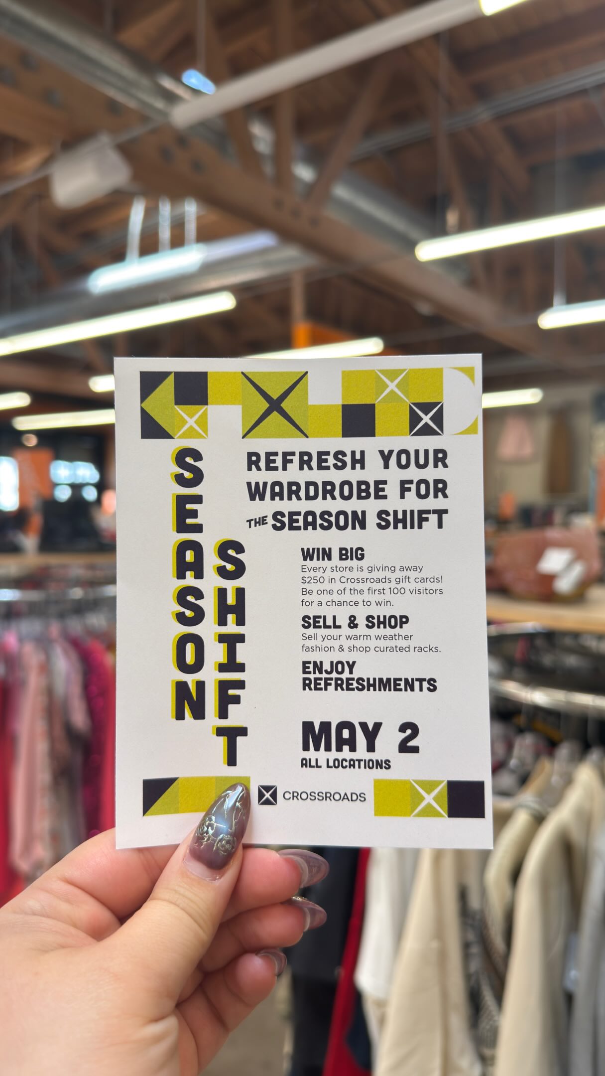 If you’ve been needing a closet refresh, Crossroads has the PERFECT event for you! ☀️👗

On May 2nd, visit any Crossroads location for their Season Shift event. Sell your warm-weather pieces and shop new-to-you summer styles all in one trip. 🤩

They’re dropping curated racks for the event + the first 100 people get scratch cards (you’ll have the chance to win gift cards & discounts 👀)

It’s the perfect excuse to clean out your closet AND leave with something cute! 🛍️🧡

Learn more and find a store near you on the Crossroads website: www.crossroadstrading.com

#crossroadstrading #crossroadsfinds #buyselltrade #fashionevent #fashionfinds