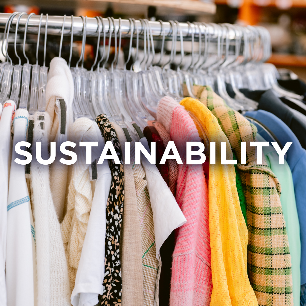 text saying "sustainability" of a clothing rack