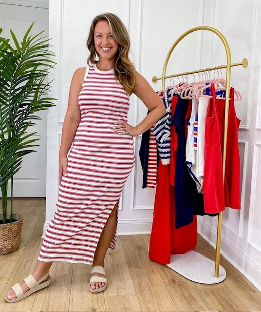 woman in striped tank dress with slides