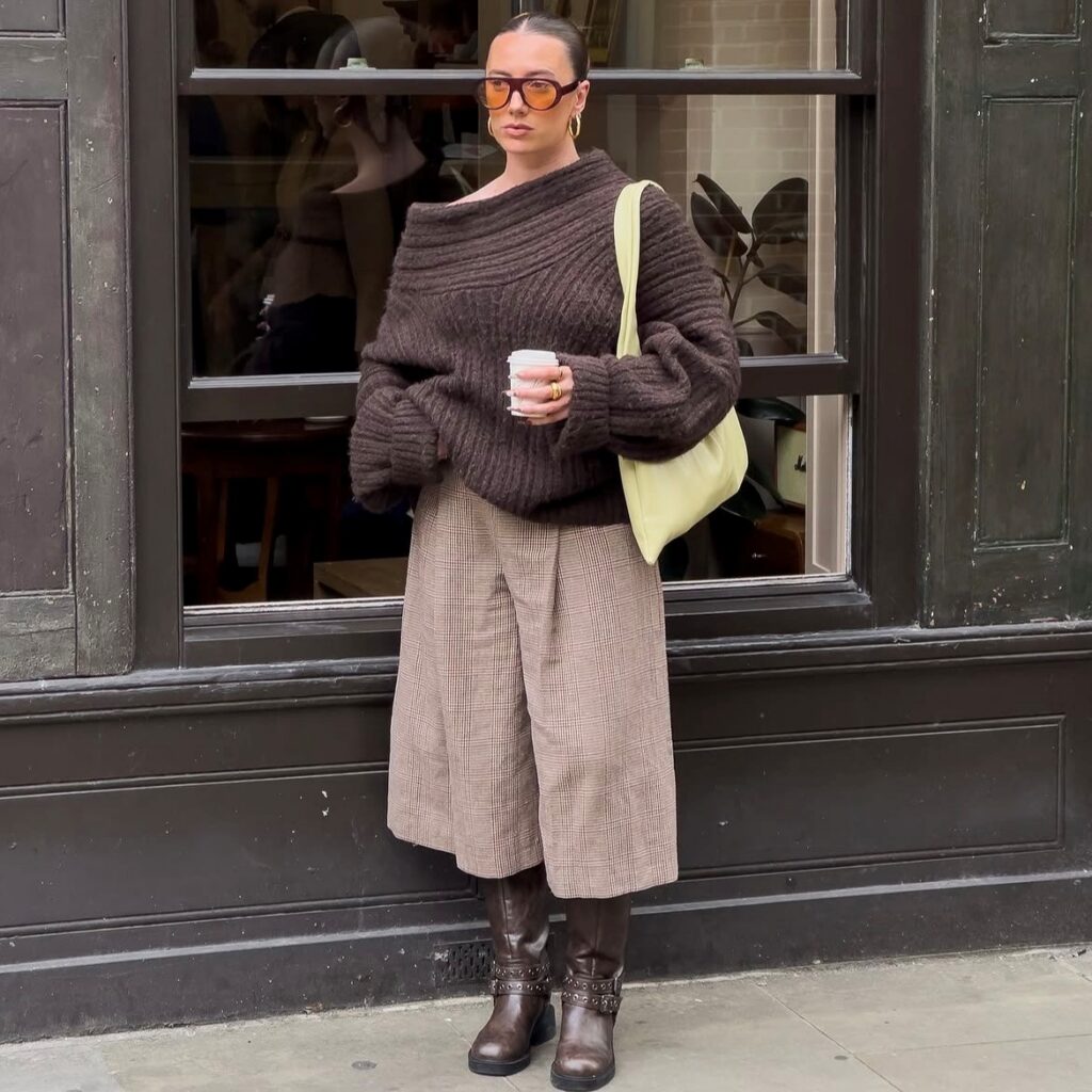 woman in brown sweater and culottes
