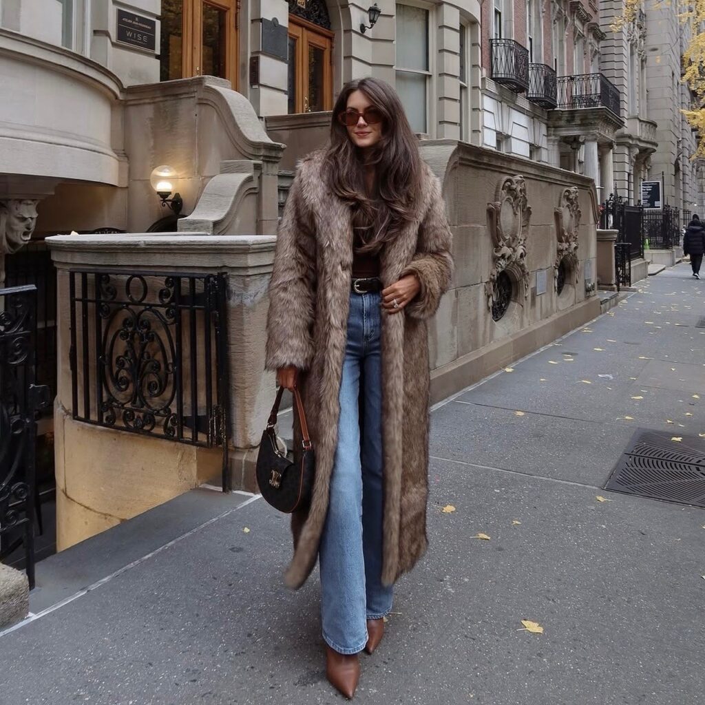 woman in jeans, turtleneck, and faux fur coat