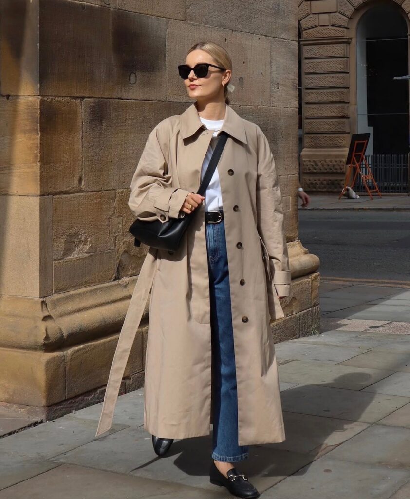 woman in jeans with white t-shirt and long trench coat