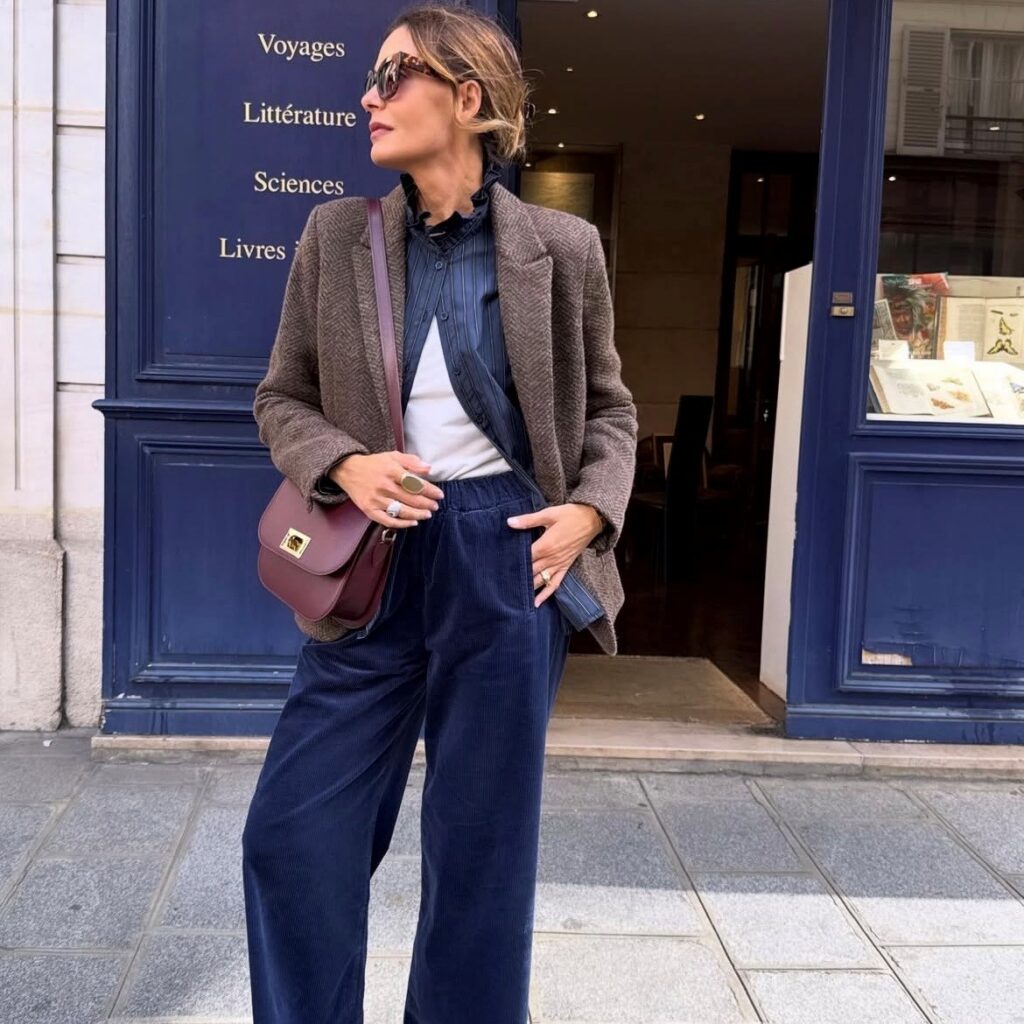 woman in purple corduroy pants and blazer