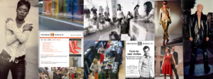 Collage of 2000s Crossroads Trading Co. ads, store interiors, a website screenshot, and fashion photos.