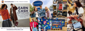 Collage of 2020s Crossroads ads, smiling staff and shoppers, and a colorful store mural.