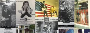 Collage of 1990s Crossroads Trading Co. ads and storefronts in black-and-white print, with models, mannequins, and an American flag display.